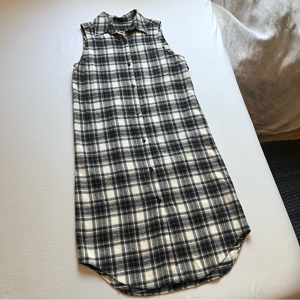 JENNI KAYNE off white ivory black plaid cotton flannel button up shirt dress